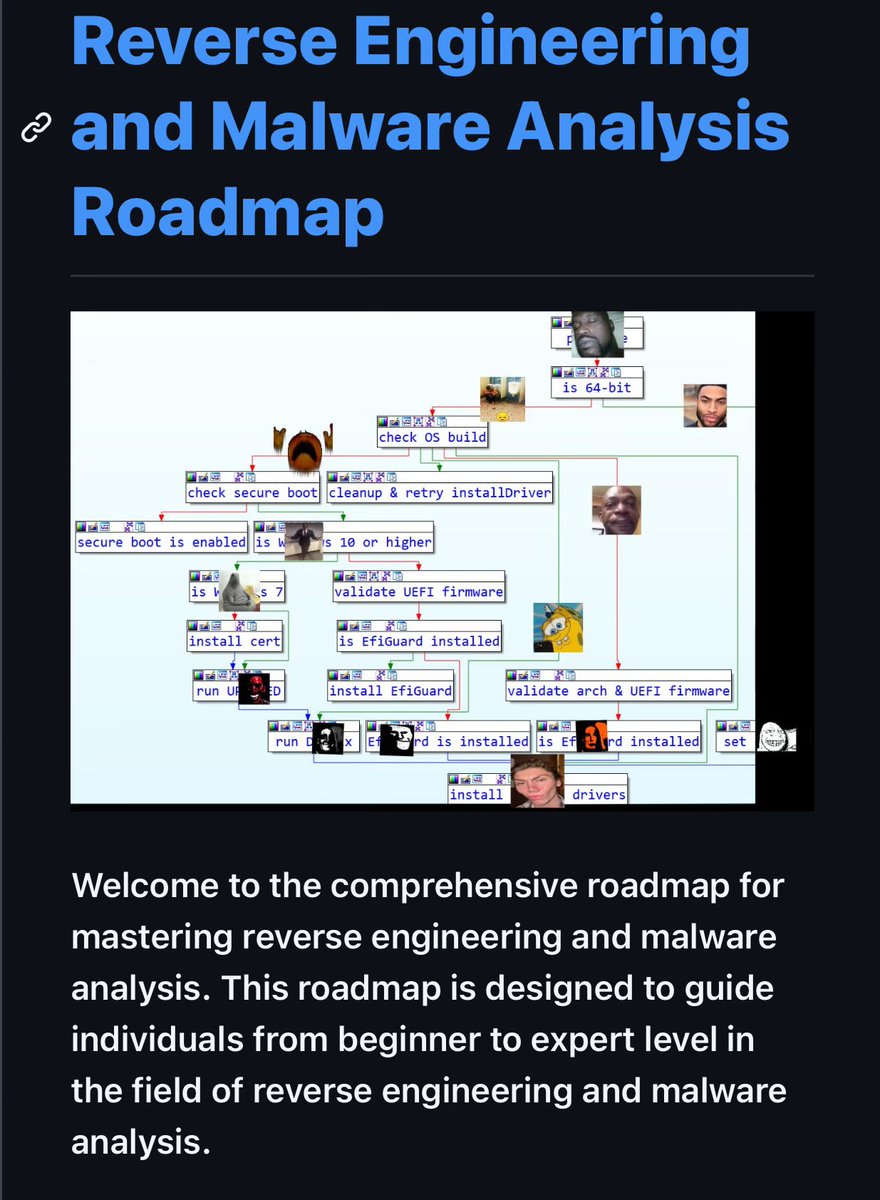 0x0SojalSec's tweet photo. Master full bible of Reverse Engineering and Malware Analysis step by step.

A comprehensive, battle-tested roadmap covering:
- x86/x64 Assembly
- Static & Dynamic Analysis
- Packers, Rootkits & Anti-RE techniques
- Real-world tools (Ghidra, IDA, x64dbg & more)
- AI powered IDE

Beginner to expert, Tools, resources, challenges all in one place. 

Bookmark this, The most complete Reverse Engineering & Malware Analysis Roadmap on GitHub.

- https://t.co/RrFwH4mDgf