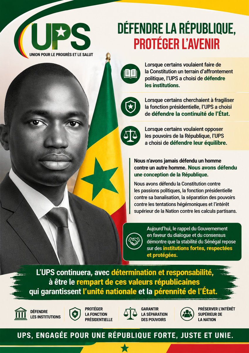synapse622's tweet photo. Lorsque certains voulaient faire de la Constitution un instrument d'affrontement politique, l'UPS a choisi de défendre les institutions, la fonction présidentielle, la séparation des pouvoirs et l'État de droit. L'UPS restera le rempart de l'intérêt supérieur de la Nation. https://t.co/CRdSomeVvB
