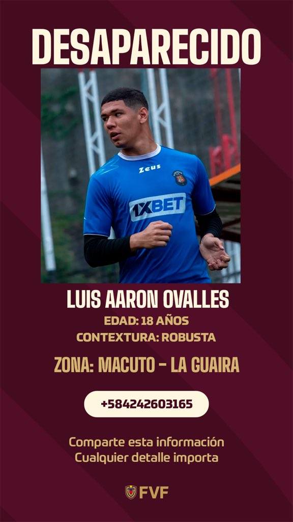 FVF_Oficial's tweet photo. Ayudemos a encontrar a Luis Aarón Ovalles🙏🏻

Fue visto por última vez en Macuto, La Guaira.

Sus familiares necesitan cualquier información que pueda ayudar a dar con su paradero. Si lo han visto o sabes algo, por favor comunícate de inmediato al siguiente número:

📞0424-2603165 https://t.co/ZDhkpKMDyD