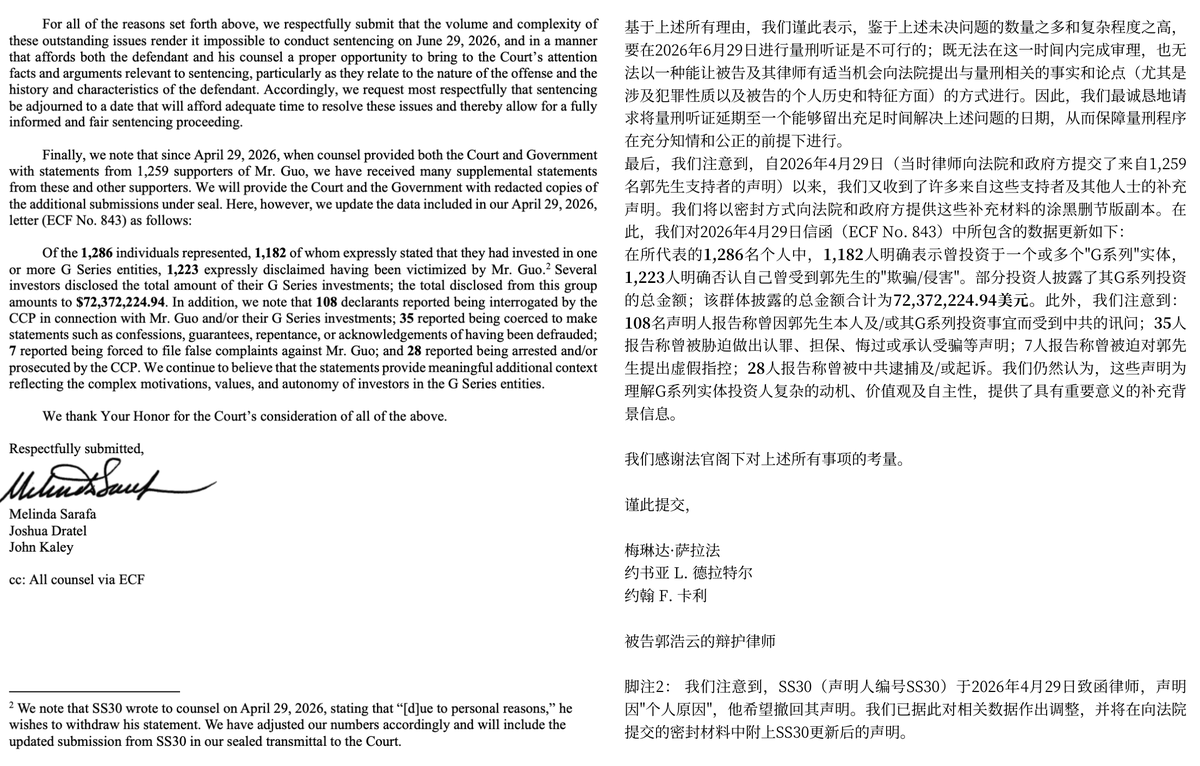 MichelleW8712's tweet photo. 郭先生刑事案853号文档。
郭先生律师团队向托雷斯法官提交动议，请求延期原定于6月29日的量刑听证。动议列举了六项尚未解决的程序性问题（Fatico听证、规则17(c)条传票、Brady动议、资产保全、特别主事官及第853(n)条申请），并更新了支持郭先生的投资人声明统计数据。 https://t.co/VtfE9Ub6Ko