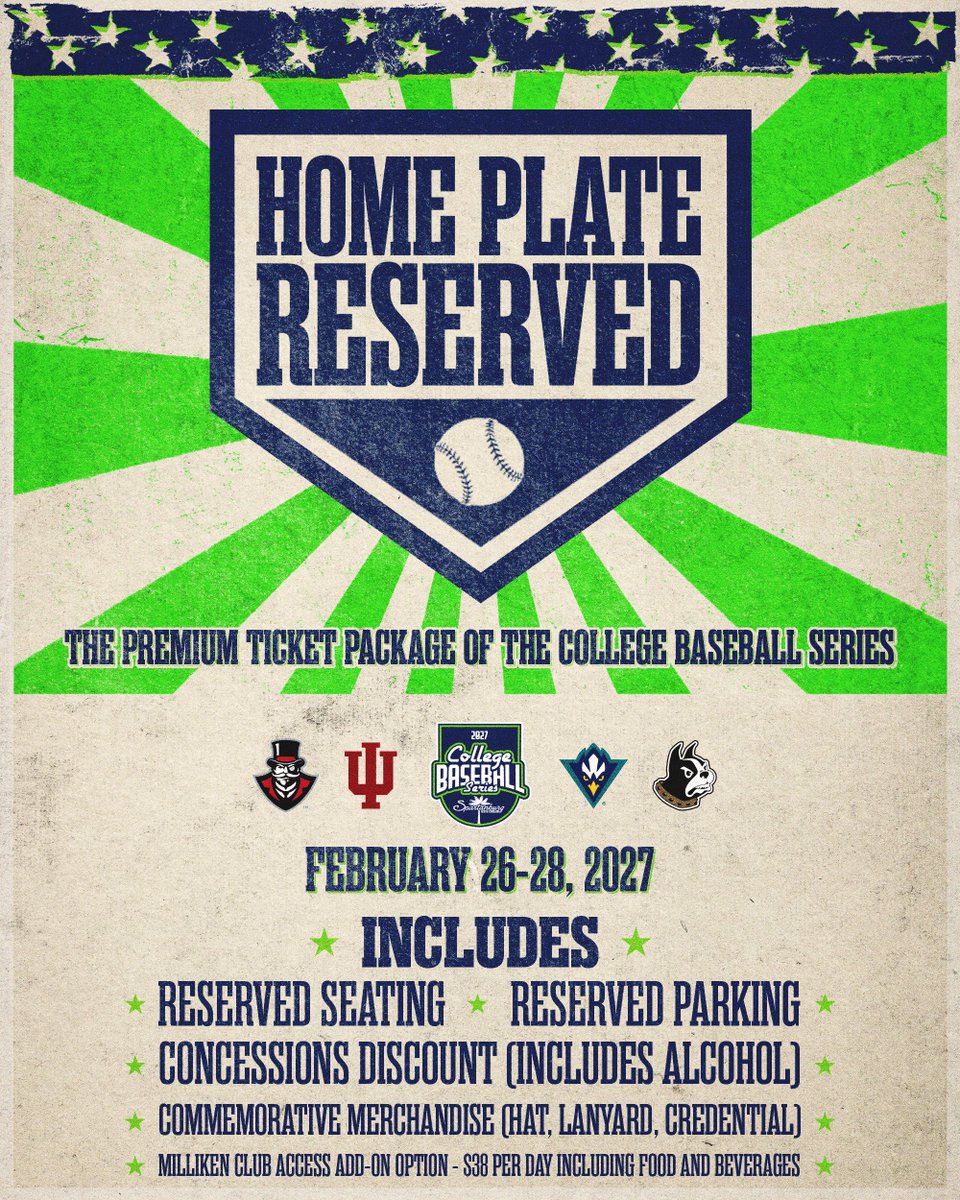 CBS_Spartanburg's tweet photo. 🚨HOME PLATE RESERVED ON SALE NOW🚨

Make the most of your College Baseball Series weekend with Home Plate Reserved and gain access to premium seats behind home plate and enjoy exclusive perks!

Seats are LIMITED - Secure yours TODAY⬇️
🔗: https://t.co/ZcAgUCHBDm https://t.co/rBPtnkGBUH