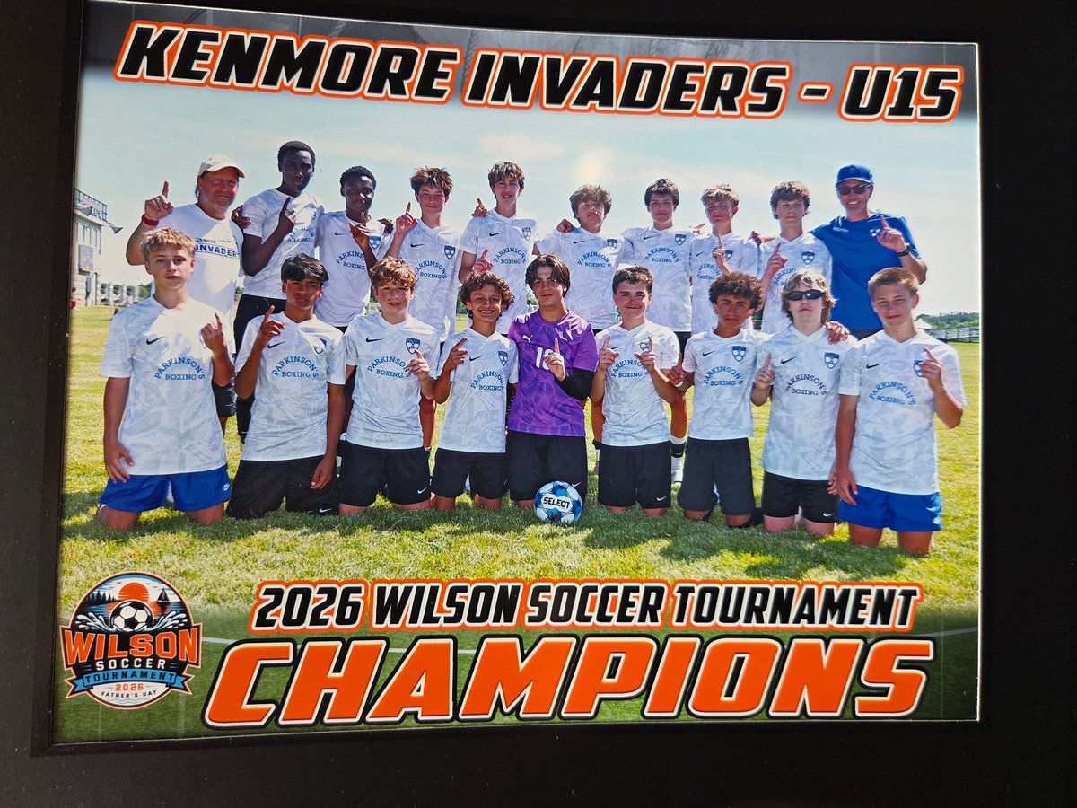 KenmoreSoccer's tweet photo. The Kenmore Invaders U15 team conquered the 2026 Wilson Father's Day Soccer Tournament for an amazing 3-peat! They defeated a formidable Canadian foe, 2 nil, in the championship game. Congratulations to all the boys on a job well done! https://t.co/tuSlNpkLeP
