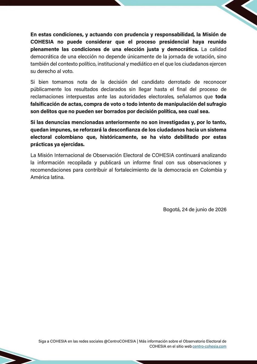 ctovarleon's tweet photo. Si la Misión de observación electoral internacional se abstiene de certificar transparencia en las recientes elecciones de presidencia en Colombia, no se entiende que se acepte el resultado. Violaron la Constitución de manera flagrante y las leyes electorales. ES GOLPE DE ESTADO. https://t.co/rkaq3rVIIF