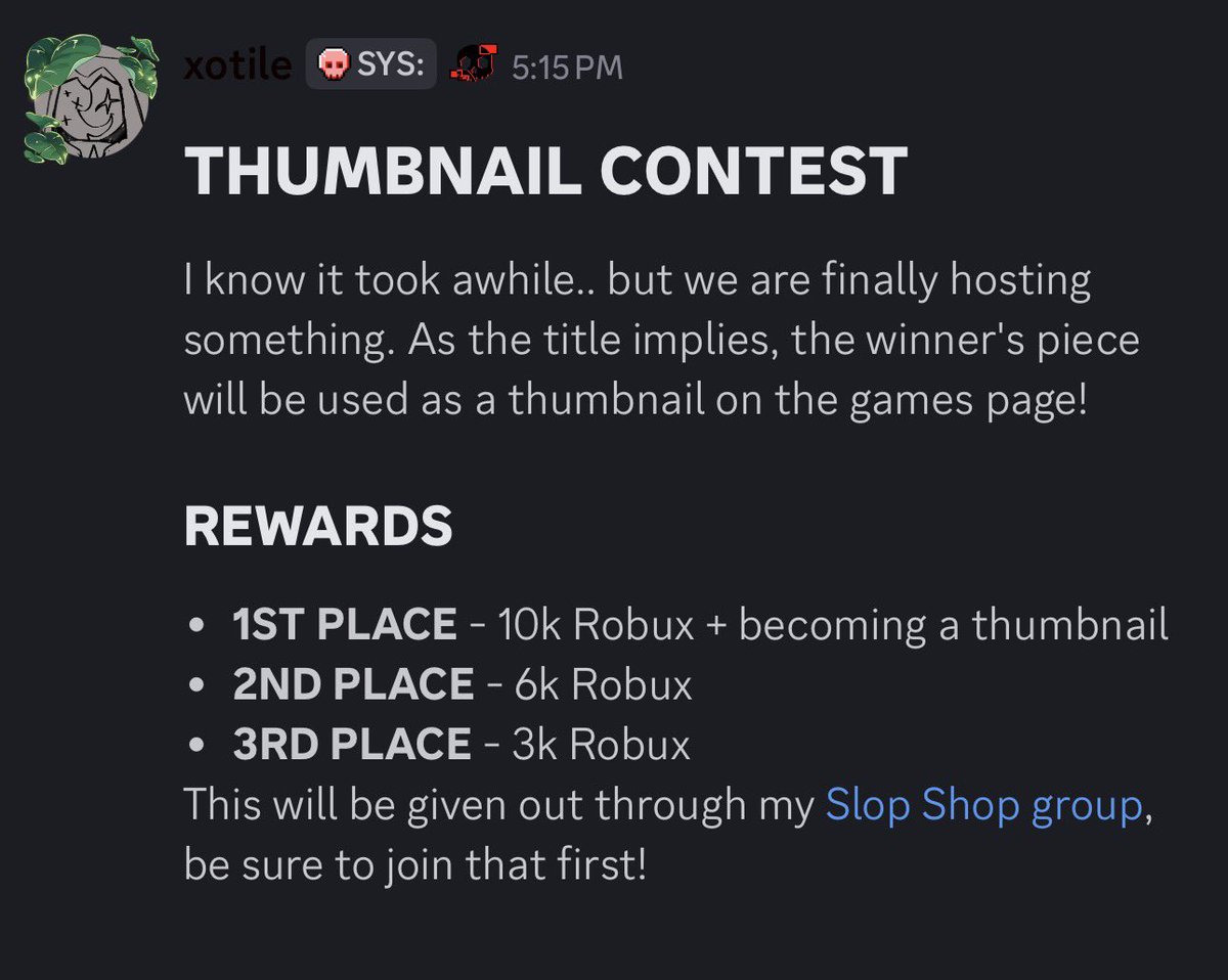 sysseverednews's tweet photo. SYS://SEVERED is holding a thumbnail contest in their discord server!

— The top 3 will receive a Robux prize

Join their discord to participate and for more information: https://t.co/YoBiWAeTTW 

#systemsevered #robloxart #roblox #syssevered https://t.co/2Ea97ssB4K