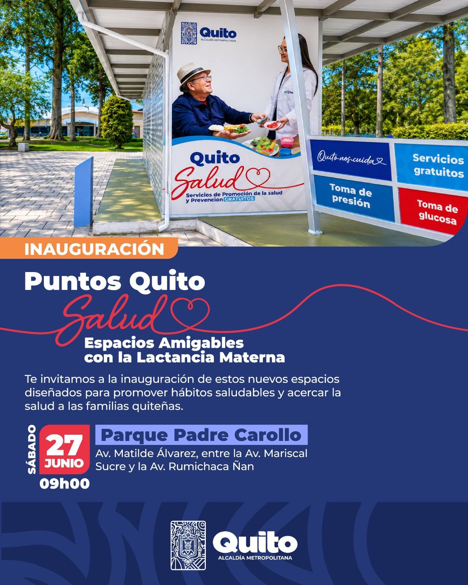 Reaccion_Ec's tweet photo. 🚨 Desde el sábado 27/06, Quito estrena los primeros PUNTOS QUITO SALUD: atención gratuita y permanente en parques para prevención y promoción de la salud

📍 La Carolina (x2), Bicentenario, El Ejido, Padre Carollo
🕐 Mié-dom, 08h00-15h30

#Quito #SaludPública https://t.co/WF2IjxZudN