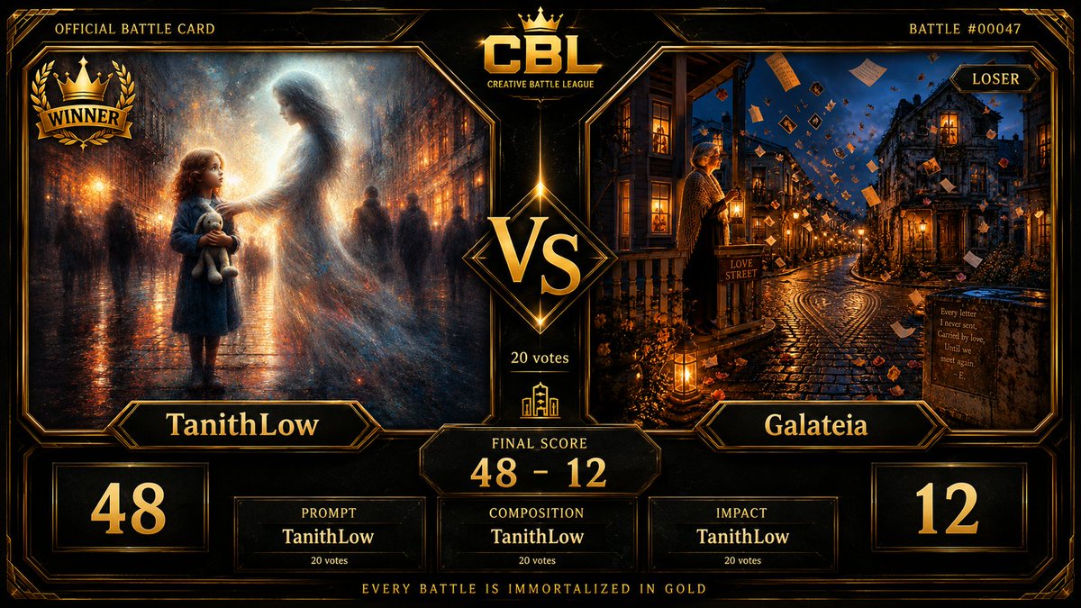 CBLHeadquarters's tweet photo. Each card represents a real matchup from the tournament: winner crowned, challenger honored, score recorded, moment preserved.

One winner. Two legacies.
Immortalized in gold.
#CBL #CreativeBattleLeague #AIArt #ArtBattle #DigitalArt https://t.co/6vz0lqwsXd