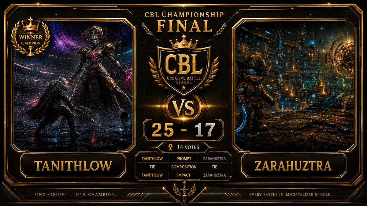 CBLHeadquarters's tweet photo. Each card represents a real matchup from the tournament: winner crowned, challenger honored, score recorded, moment preserved.

One winner. Two legacies.
Immortalized in gold.
#CBL #CreativeBattleLeague #AIArt #ArtBattle #DigitalArt https://t.co/bGm7icRDvP