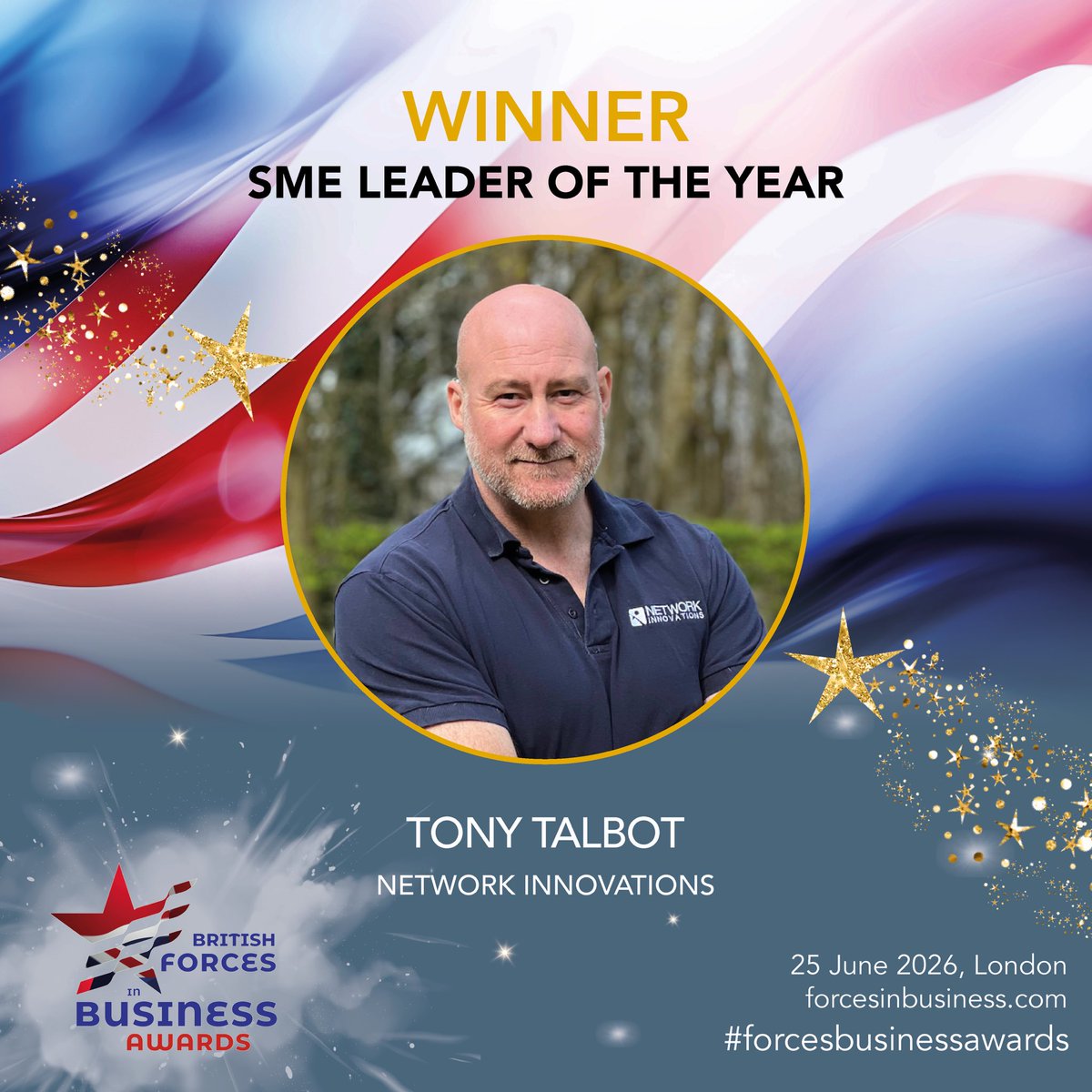 exforcesawards's tweet photo. 🏆 SME LEADER OF THE YEAR: Tony Talbot, Network Innovations

The judges praised Tony's ability to build a UK operation from the ground up, combining exceptional commercial growth with a genuine and sustained commitment to the Armed Forces community. His blend of leadership, vision, technical expertise and innovative thinking has produced results that speak for themselves, and the culture he has created is as impressive as the figures behind it. His growth trajectory has been exceptional, delivered through strategic leadership and a solutions-led approach.  
#forcesbusinessawards