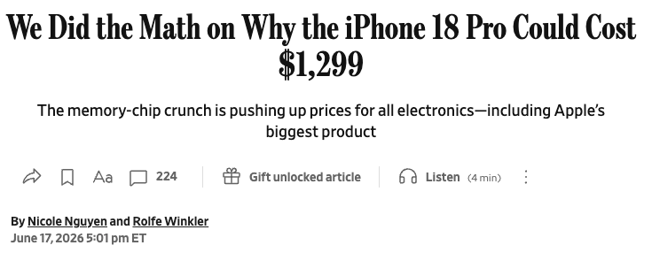 RolfeWinkler's tweet photo. Tim Cook calls a 100-year flood, @nicnguyen calculates $200 price increases likely, and WSJ reports hikes coming to Macs and iPads soon. Markets: 🤷‍♂️ https://t.co/kdEPFwXBae
