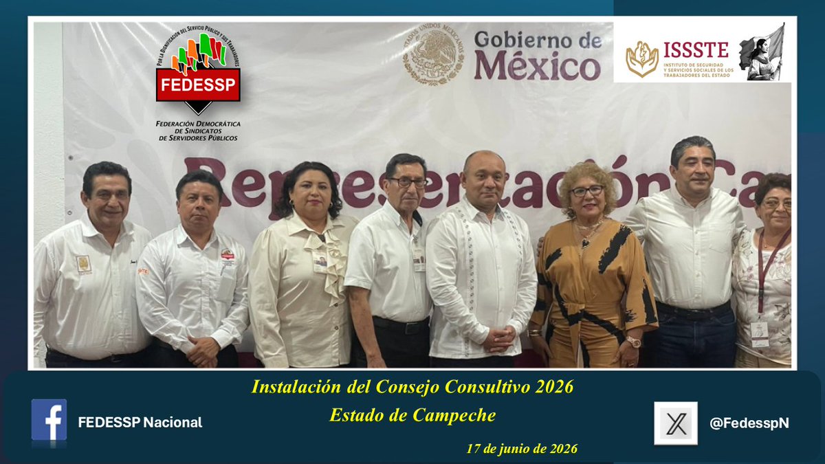FedesspN's tweet photo. Instalación del Consejo Consultivo 2026
@ISSSTE 
Asiste el Mtro. @scarEduardoUcD1, Consejero acreditado por @FedesspN en el Estado de Campeche.
“Por la Dignificación del Servicio Público y sus Trabajadores”
@agusaviles1 
@sntsadersecc01 
@censntsict 
@marudavalos29 
@mariogomezgg https://t.co/iFGduJRKOu