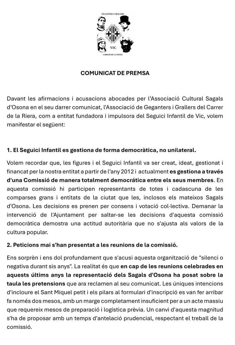 gegantsrieravic's tweet photo. Comunicat de resposta a les acusacions realitzades per l'associació cultural Sagals d'Osona
#SeguiciinfantilVic #Seguiciinfantil https://t.co/OoOVHN7ejU