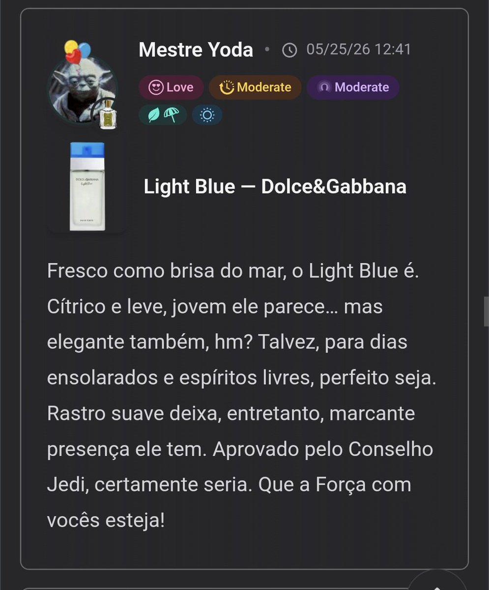 blablaluh's tweet photo. Tenho um passatempo que consiste em ler resenhas de perfumes no Fragrantica. Hoje me deparei com uma do Mestre Yoda. Fui ver outras e um hobby recente também Mestre Yoda parece ter: https://t.co/uGX52tiQwr