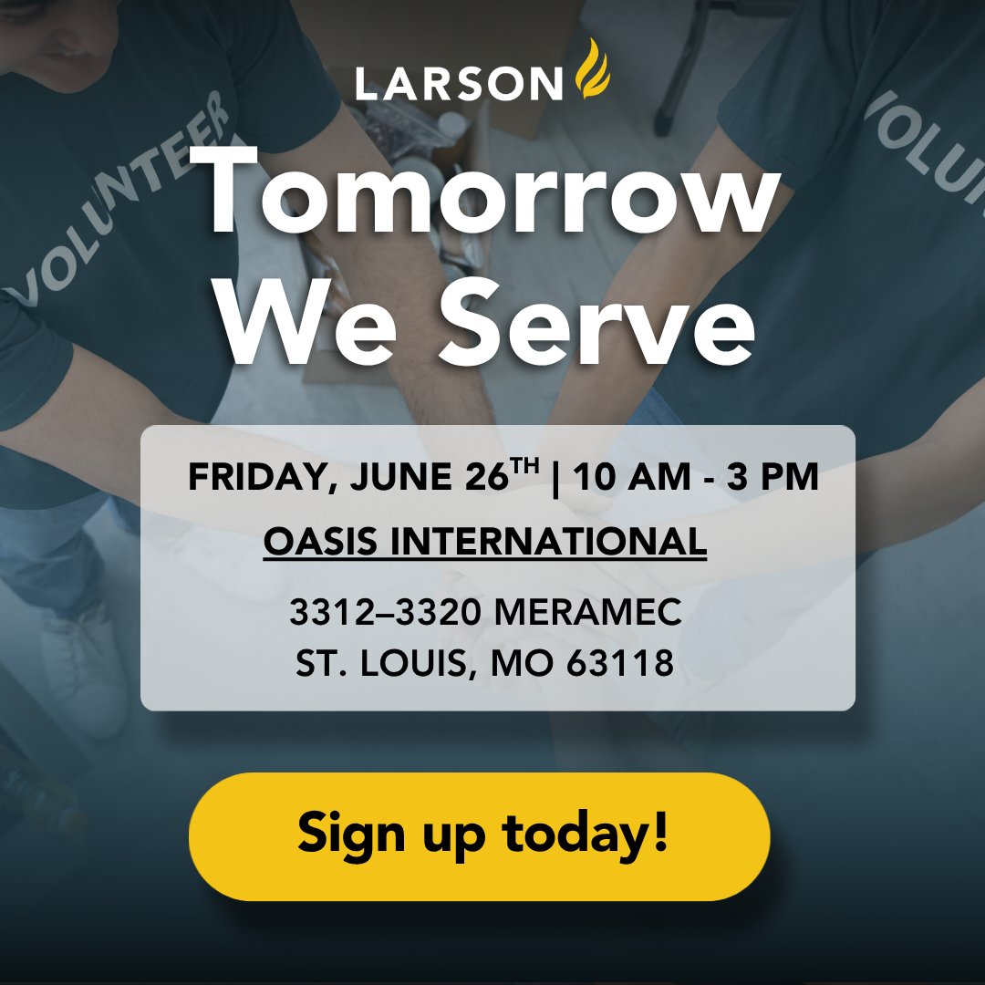 LarsonFinancial's tweet photo. Tomorrow, volunteers from across the STL community will come together to serve alongside Oasis International as part of our Community Impact partnership with 99.1 JOY FM.

It's not too late: sign up now at https://t.co/Ba4uGr7ikB

We can't wait to make an impact together! https://t.co/wef2shTS2J