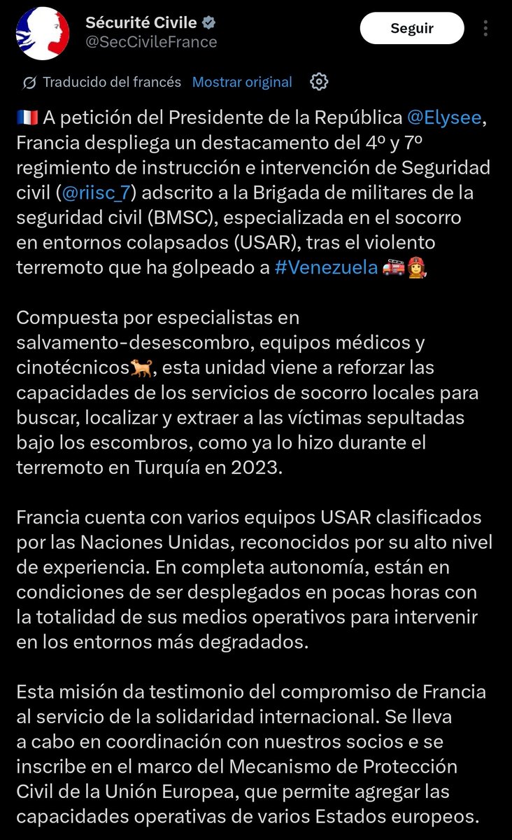 RadarAustral_'s tweet photo. 🇫🇷🇻🇪| Francia desplegará una misión de búsqueda y rescate hacia Venezuela tras los terremotos que afectaron al país.

El contingente estará integrado por especialistas USAR en rescate en estructuras colapsadas, equipos médicos y unidades caninas de la Seguridad Civil francesa para apoyar las tareas de localización y rescate de víctimas bajo los escombros.