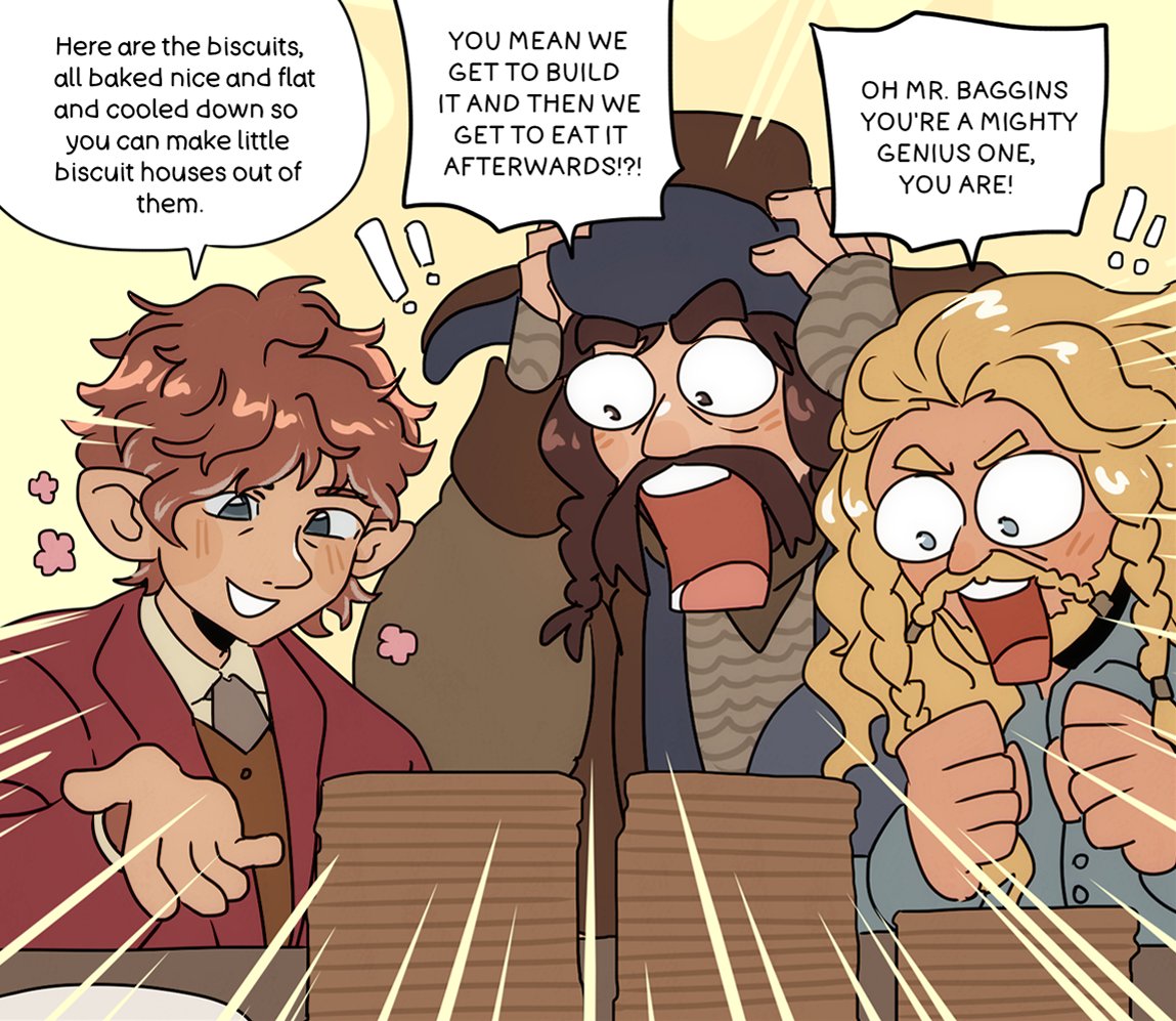 ministarfruit's tweet photo. bilbo teaching the dwarves about gingerbread houses https://t.co/kfRsu0jRZ2