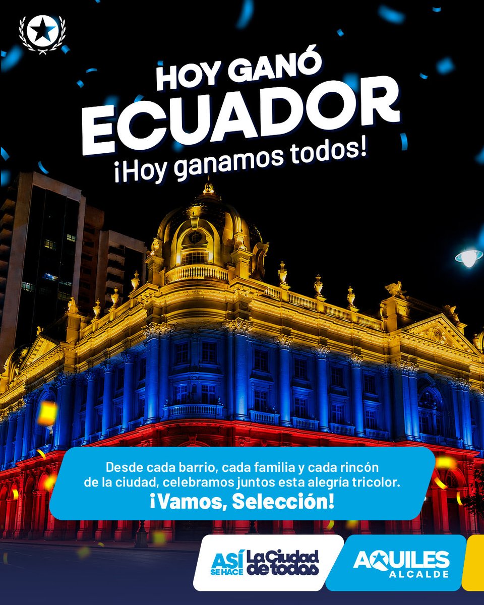 alcaldiagye's tweet photo. 🇪🇨 Hoy no solo ganó Ecuador, hoy ganó esa emoción que nos une, nos levanta y nos hace celebrar como un solo corazón. 🎉 Desde cada barrio, cada familia y cada rincón de Guayaquil, vivimos esta alegría tricolor con orgullo, con fiesta y con esperanza. 

🩵Porque cuando juega la Selección, el país entero late distinto. ¡Vamos, Ecuador!

#AsíSeHaceGuayaquil #AquiEstamos #GuayaquilNoSeDetiene
@taticoronelf