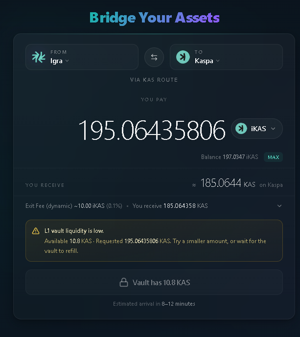 Tavo0x's tweet photo. Hello guys, very very low liquidity on KAT Bridge. 
Any idea of how can i swap ikas (igra) to kas easily please ? @KaspaSilver @realvijayk @thekaspaonion https://t.co/MBByLxLXEV