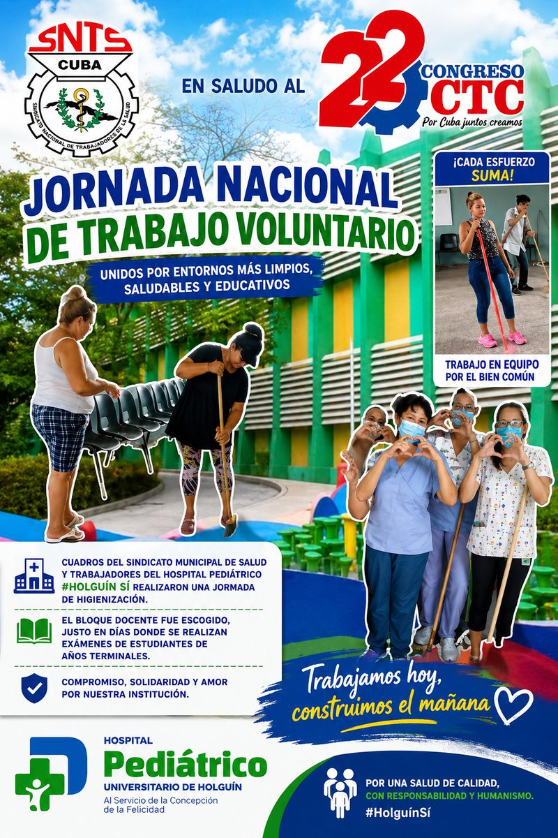 hpupohpuh's tweet photo. 🧹🩺 Cuadros del Sindicato Municipal de Salud y trabajadores del Hospital Pediátrico realizaron una jornada de higienización en el bloque docente, en saludo al #22CongresoCTC y en apoyo al período de exámenes de los estudiantes de años terminales.

#HolguínSí https://t.co/CpZAYebcEm