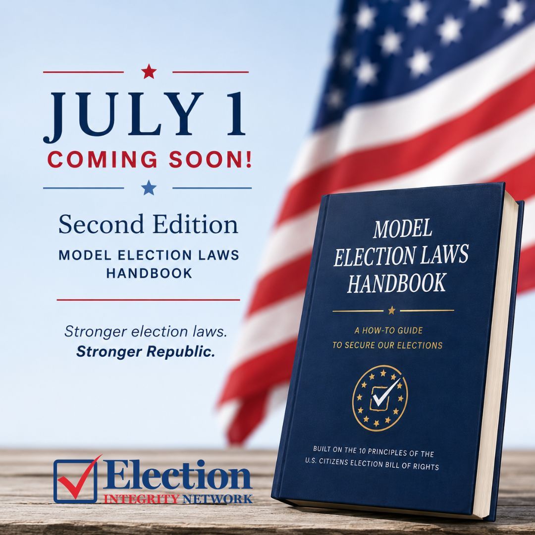EIwatchdogs's tweet photo. As America prepares to celebrate 250 years of independence, we're preparing something that will help secure the next 250.

On July 1, the Election Integrity Network launches the Second Edition of the Model Election Laws Handbook—now available in free digital, Kindle, and print-on-demand from Amazon.

Built on the 10 Principles of the U.S. Citizens Election Bill of Rights, this handbook is the practical blueprint for citizens, legislators, and grassroots leaders working to strengthen election laws in every state.

📖 Get the current free digital edition today at https://t.co/KwrvYbxSd1
✅ Compare your state's laws to the U.S. Citizens Election Bill of Rights.
🗓️ Mark your calendar for July 1.

This birthday, let's give America a gift that will last for generations: stronger election laws from sea to shining sea.