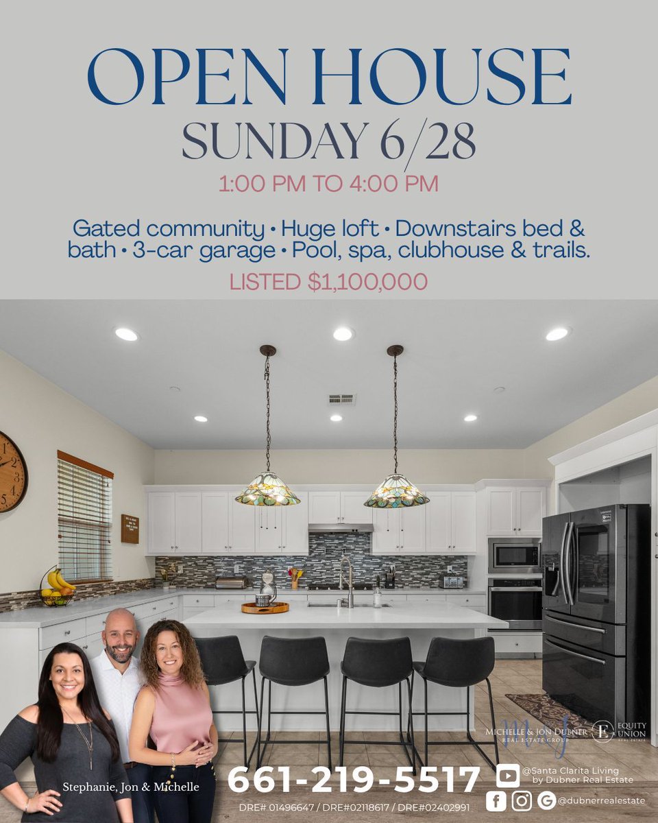 DubnerSCVRE's tweet photo. 🏡 Open House | Sun., June 28 | 1–4 PM
📍27624 Solana Way, Santa Clarita
  5 🛏 | 3.5 🛁 | 3,589 SF

Gated community • Huge loft • Downstairs bed &amp; bath • 3-car garage • Pool, spa, clubhouse &amp; trails.
Come see why this could be your next home! 👋 https://t.co/4ToV0lFVEJ