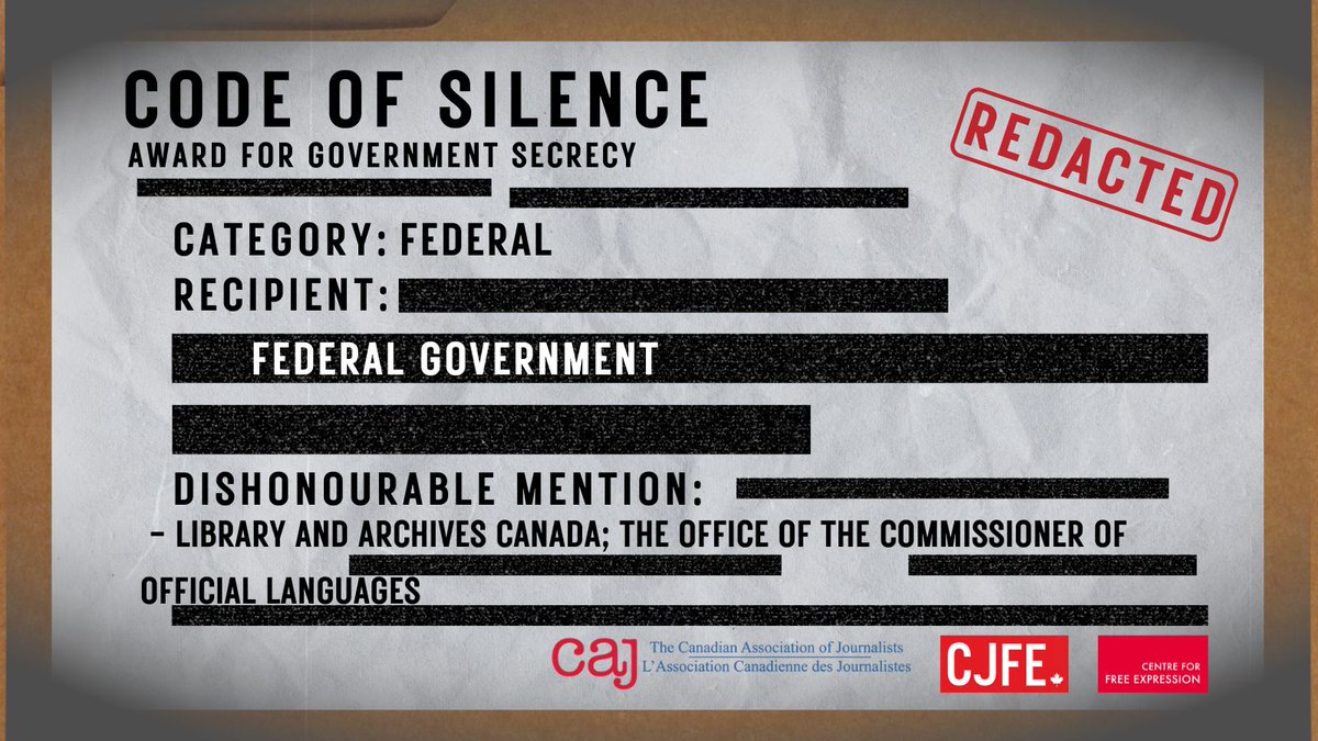 FairVoteCanada's tweet photo. The federal government just won the Code of Silence Award for record secrecy two years in a row.

First-past-the-post lets false majorities shut out journalists. 

Proportional representation requires broad oversight, making it harder for governments to hide behind closed doors. https://t.co/KxvbdJHkJr