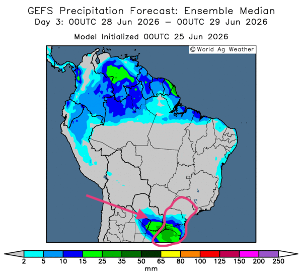 Grainwiz's tweet photo. Revue des marchés - 25 juin 26: Météo – Amérique du Sud 

 * Dans l’ensemble, les prévisions météorologiques à court terme pour le Brésil ont peu changé. L’analyse des cartes GFS (World Ag Weather) jusqu’au 3e jour indique surtout du temps sec dans la… https://t.co/5D9fogAolu https://t.co/2sT7D1IQLz