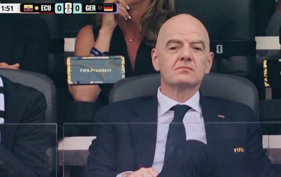PolymarketSport's tweet photo. 🚨NOW: Infantino was shown on screen at both the Germany vs Ecuador and Ivory Coast vs Curaçao matches today. 🤔 https://t.co/cY9NaVZtyn