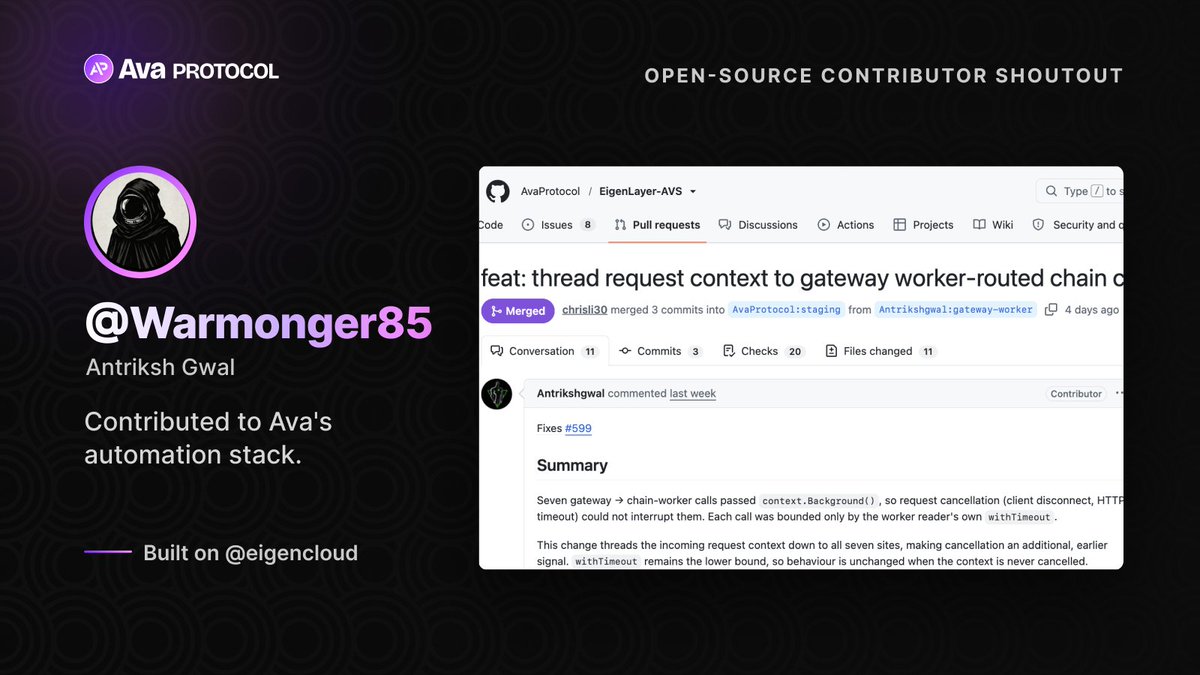 ava_protocol's tweet photo. Contributor shoutout this week: @Warmonger85 🙌

Thanks for contributing to Ava’s open-source automation infrastructure, built on @eigencloud.

We’re seeing more builders jump in — and now we’d love more automation ideas from the community.

Risk alerts, position monitoring, recurring actions, yield checks.

What do you wish your wallet could do automatically?