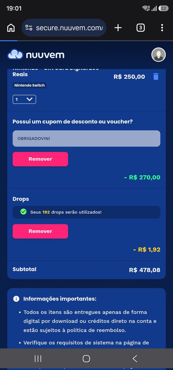 call_me_feh's tweet photo. @nuuvem Eu consegui aplicar o cupom, mas quando fui pagar o site caiu, e quando voltou simplesmente cancelou a venda https://t.co/5R5cuG9tsE