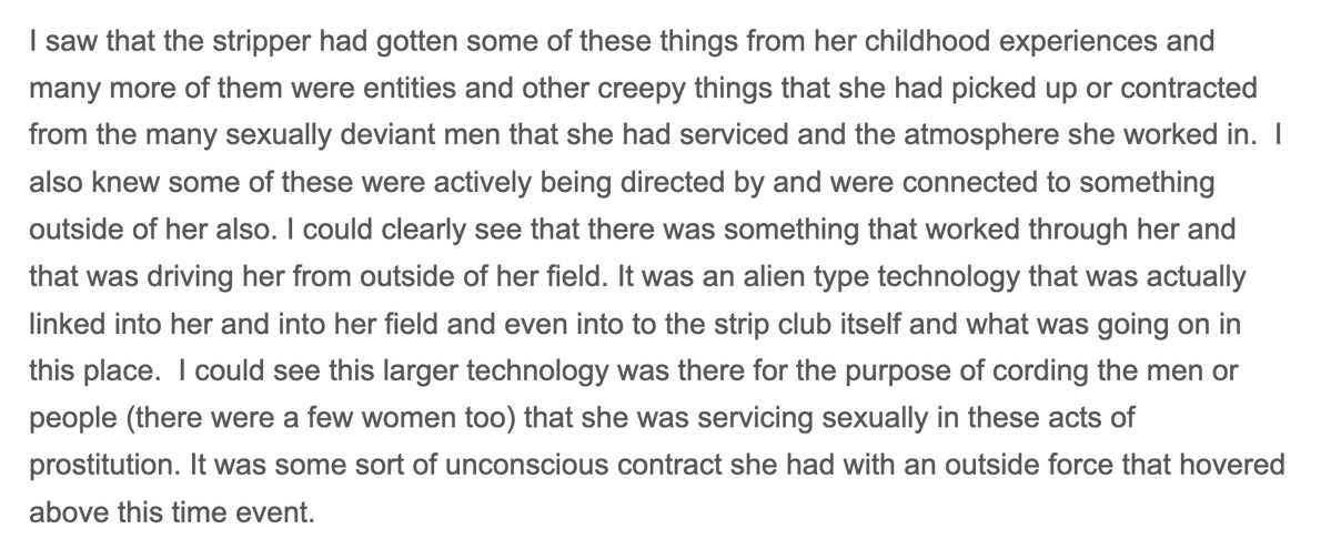 mythturn's tweet photo. She believed the reptilian was driving her husband’s deviant behaviour, and it attached to the sex worker from her childhood abuse and her clients who were hosted. Her husband became robotic when it took over his body.

From article Reptilian Hosting and Strip Clubs https://t.co/9jUniD0xln