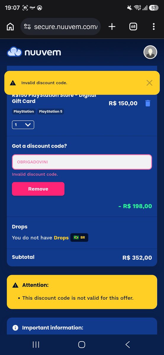LordYome's tweet photo. @nuuvem Parabéns, fiz tudo exatamente as 19h. Mas o site absurdamente e dando erros. Fora isso, deu erro pra pagar com Google pay e tambem com o pix https://t.co/nzFOjeMuO6