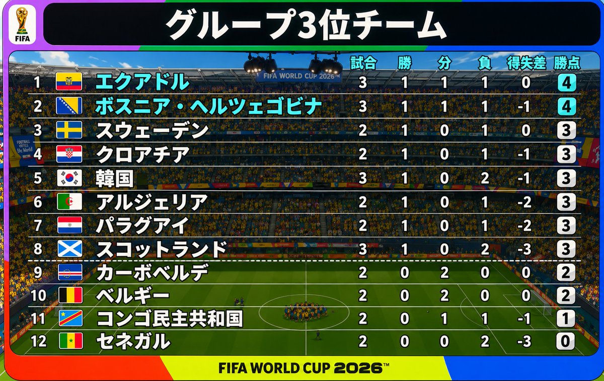 kaigaiSnihon's tweet photo. 現在の3位通過の順位表がこちら💁

✅️エクアドルとボスニアが決勝トーナメント進出決定
✅️韓国は勝ち点3で既に3試合消化しており厳しい状況に
✅️スコットランドも3試合消化しておりグループステージ敗退がほぼ濃厚 https://t.co/jPUJC6fS37