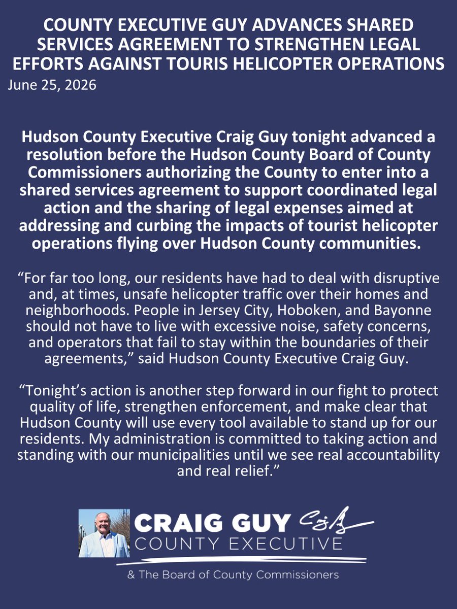 HudCoTweet's tweet photo. Hudson County is taking action. Tonight, County Executive Craig Guy advanced a shared services agreement to strengthen coordinated legal efforts aimed at addressing the impacts of tourist helicopter operations over our communities https://t.co/Tn3guC6oyO