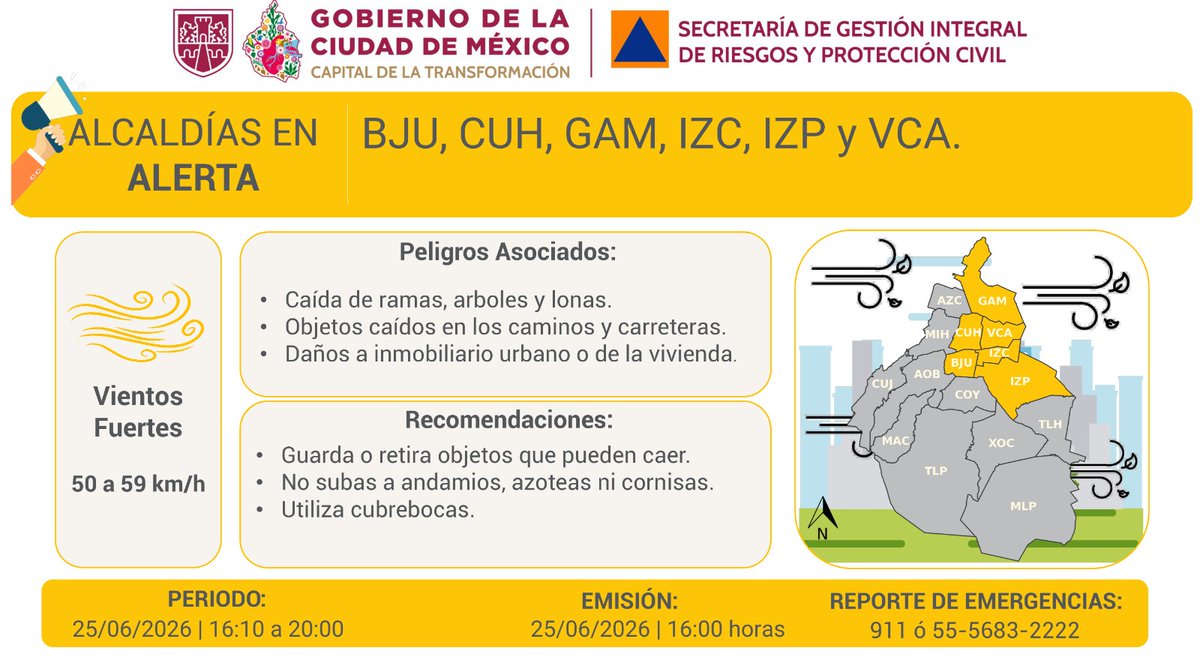 SGIRPC_CDMX's tweet photo. ⚠️🍃 Se activa #AlertaAmarilla por intensificación de #vientos con rachas fuertes para la tarde y noche del jueves 25/06/2026, en las demarcaciones: @BJAlcaldia, @AlcCuauhtemocMx, @TuAlcaldiaGAM, @IztacalcoAl, @Alc_Iztapalapa y @A_VCarranza.

Atiende las recomendaciones y mantente informado.

#PronósticoDelTiempo #LaPrevenciónEsNuestraFuerza