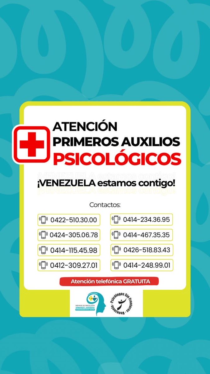 psfvenezuela's tweet photo. Ofrecemos el servicio de Primeros Auxilios Psicológicos en Venezuela, un espacio de apoyo emocional gratuito, confidencial y seguro para quienes atraviesan situaciones de crisis.
No dudes en guardar este número o compartirlo con alguien que lo pueda necesitar. https://t.co/45BP1i1tgz