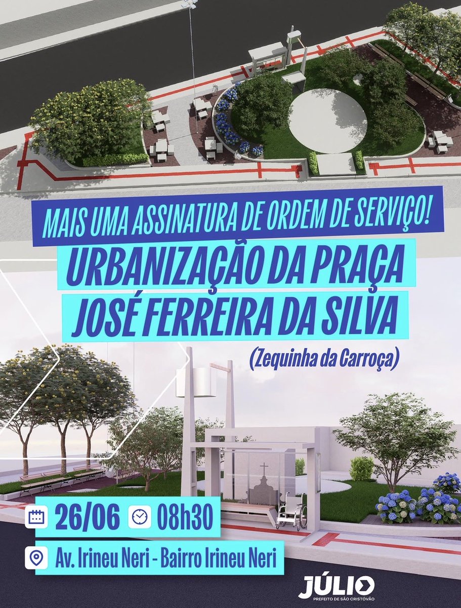 JulioNJunior's tweet photo. Simbora dar o pontapé inicial para mais uma obra na Cidade Mãe! 🤩

✅ Nesta sexta (26), vamos assinar a Ordem de Serviço para a urbanização da Praça José Ferreira da Silva (Zequinha da Carroça), no bairro Irineu Neri. https://t.co/bmaY0zRf7R