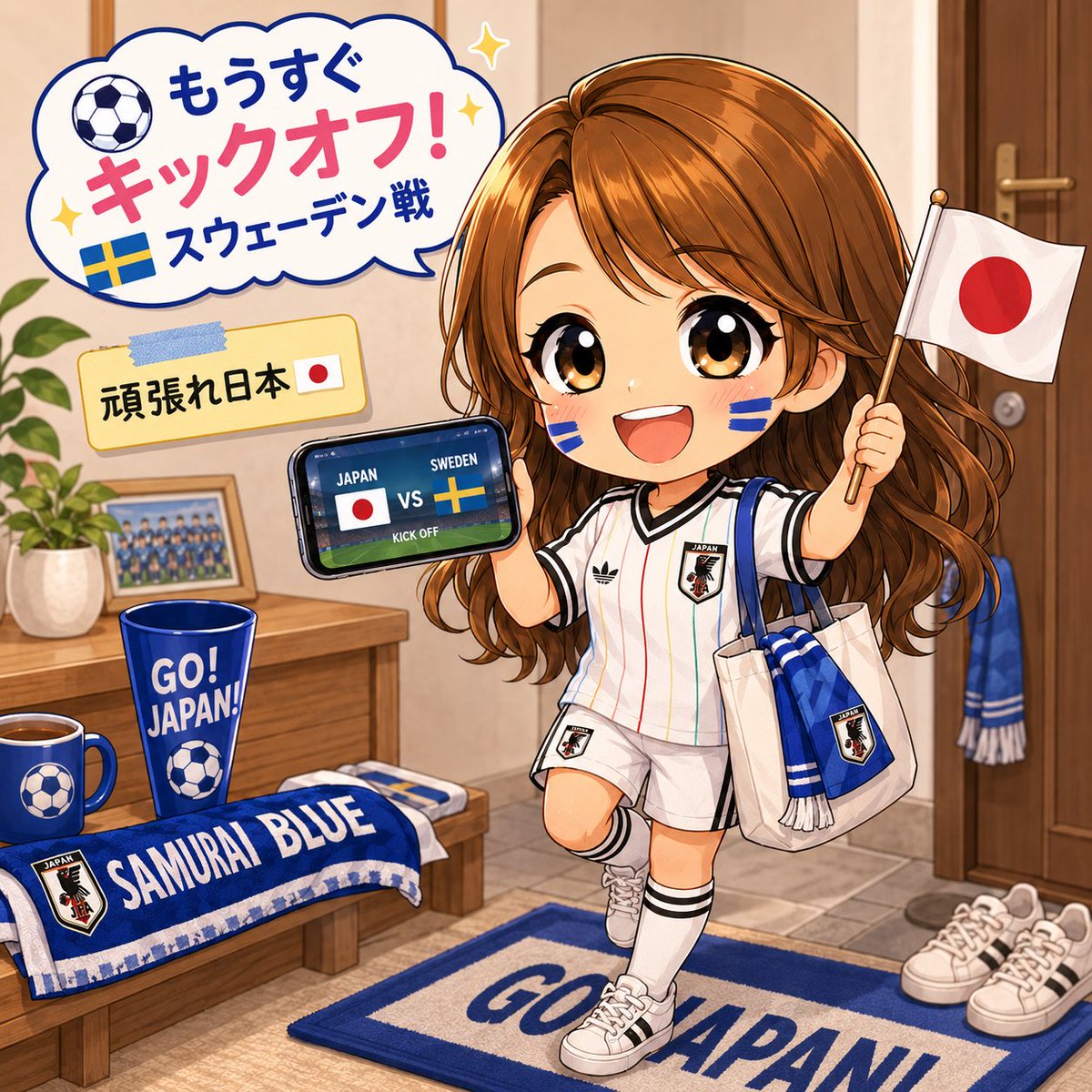 MinamiW126's tweet photo. もうすぐスウェーデン戦キックオフ⚽
すごく楽しみ😊
でも今日は用事があってフルでは観られない😭
ところどころスマホ観戦になります📱
頑張れ日本🇯🇵
#W杯2026 #サッカー日本代表 #SAMURAIBLUE https://t.co/eCqjprQIYU