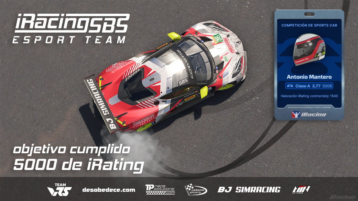 AmanteroElrogos's tweet photo. objetivo cumplido 5k de iRating, muy contento con el logro y a seguir aprendiendo para ir subiendo mas, agradecimientos especiales a mi equipo @iracingsbsports y a los patrocinadores @realVRS  @jaramasports @TPRaceSolutions desobedece y @Bjsimracin1 https://t.co/WXbXDxjPkZ