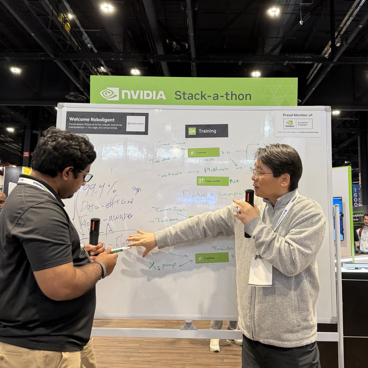 NVIDIARobotics's tweet photo. At #Automate2026, we turned our booth into a live stack-mapping session for founders building in robotics and physical AI.

From data to deployment, founders worked with our solution architects to map their architectures on NVIDIA platforms 🤝 https://t.co/lLeju1mhbZ