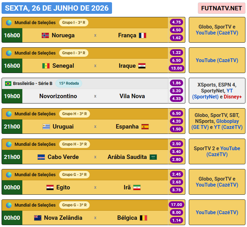futnatv's tweet photo. A programação do futebol nesta sexta (26/6/2026) https://t.co/YHkeyyoQtr