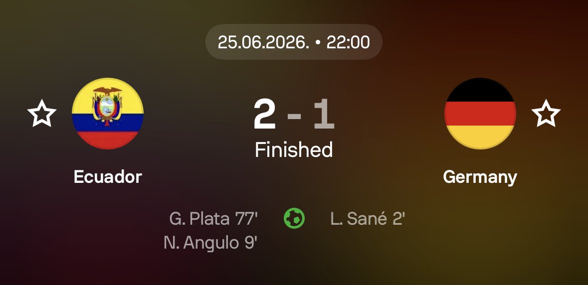 Sofascore's tweet photo. 💪 | South American Supremacy

CONMEBOL v UEFA at the World Cup so far:

🇵🇾 Paraguay 1–0 Türkiye 🇹🇷
🇦🇷 Argentina 2–0 Austria 🇦🇹
🇧🇷 Brazil 3–0 Scotland 🏴󠁧󠁢󠁳󠁣󠁴󠁿
🇪🇨 Ecuador 2–1 Germany 🇩🇪

Germany can feel lucky they've scored today 😅 https://t.co/ZY7NTQOeoD