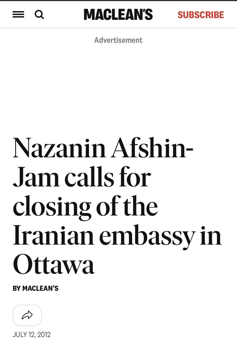 NazaninAJ's tweet photo. Note the date of this article:  2012. I never thought I would have to revisit this struggle before Iran was free. Shabnam Assadollahi, Shadi P and I fought hard to have the embassy closed back then.

I especially never imagined that, months after the massacre of thousands of innocent Iranians gunned down during peaceful protests, my government and Prime Minister would suggest reopening this embassy. This is a profound betrayal of those who sacrificed their lives for freedom, as well as a disregard for all the Canadian lives lost because of this regime including victims of flight PS752 downed by the regime and all those that continue to suffer intimidation and harassment by regime affiliates here on Canadian soil.