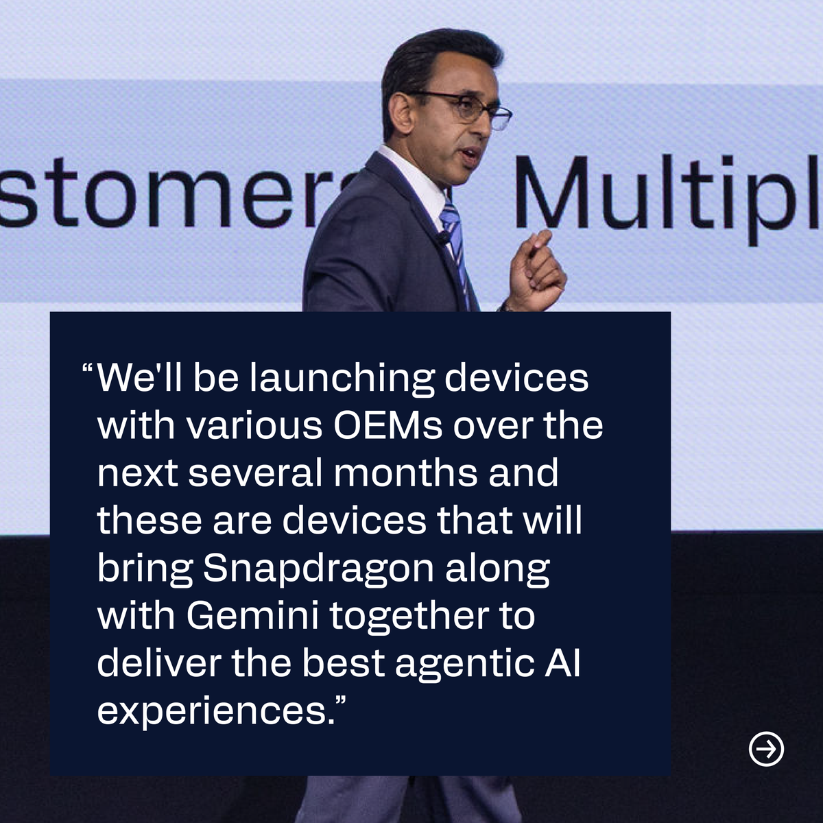 Qualcomm's tweet photo. We’re entering our third transformation. 

At #QCOMInvestorDay, CFO &amp; COO Akash Palkhiwala explained how we're evolving from a device company to a cloud-and-device company, and what that means for our long-term growth trajectory.