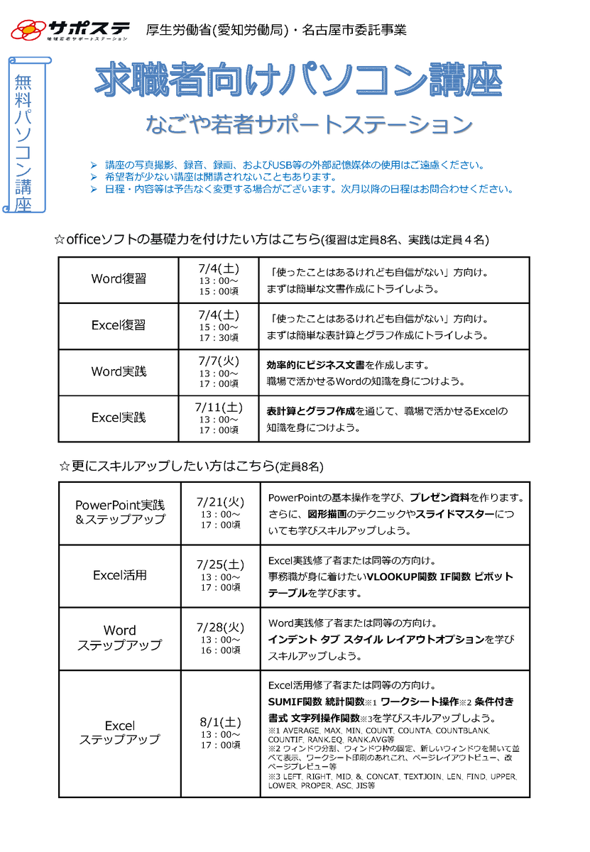 nagosapo's tweet photo. 【パソコン講座 ～7月クール～】
なごサポでは、講師が解説する形式でPC講座を開講しています💻
「使ったことはあるけれども自身がない」
「オフィスソフトの基礎スキルを固めたい」
など、 あなたのスキルやニ���ズに合わせて参加する講座を選べます！
※未経験の方向けの講座はございません
#名古屋 https://t.co/BNo0g599tM