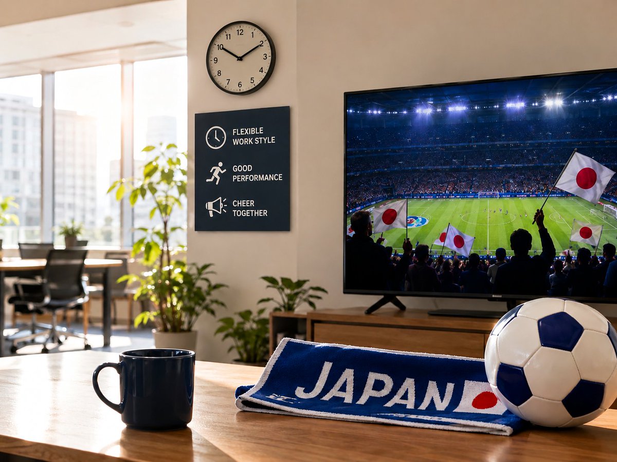 Kaiketsu2022's tweet photo. おはようございます☀️
W杯日本戦の朝⚽️🇯🇵

「応援してから出社しよう！」という社長の一声で、
急遽特別フレックスを導入👏

仕事も全力、応援も全力📣
こういう柔軟さも、弊社らしさの一つです✨

金曜日も良い一日に！
#朝8時
#金曜
#企業公式相互フォロー https://t.co/7wSHAeaEoo