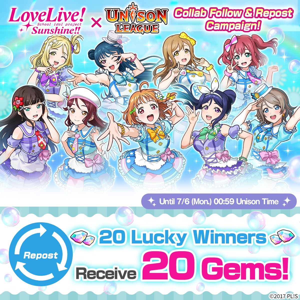Unisonleague_EN's tweet photo. ／
📢Unison League x Love Live! Sunshine!! Follow & Repost Campaign✨ 
＼

Participate for a chance at 20 Gems🎁
20 lucky players will be chosen!✨

■How to Enter
1. Follow @Unisonleague_EN
2. Quote this campaign post with your Player ID🔃
📝Ends 7/6 (Mon.) 00:59 UT

T&C👉https://t.co/zPM2wROD0Z
