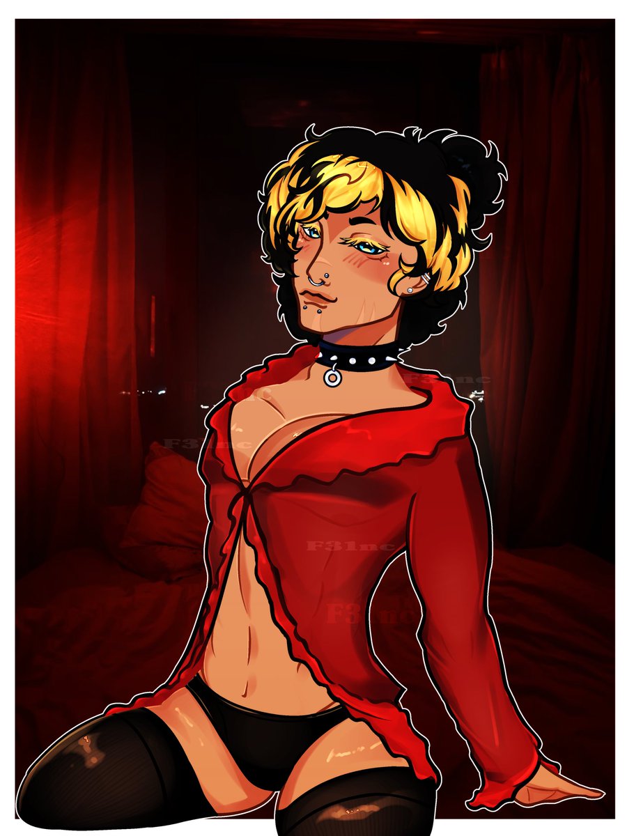 _f31nc's tweet photo. Drew my main oc in a lovely outfit for his lady😋 #nsfw #slightly #suggestive #mainoc #love #fluid #red https://t.co/JNp4XlehKj