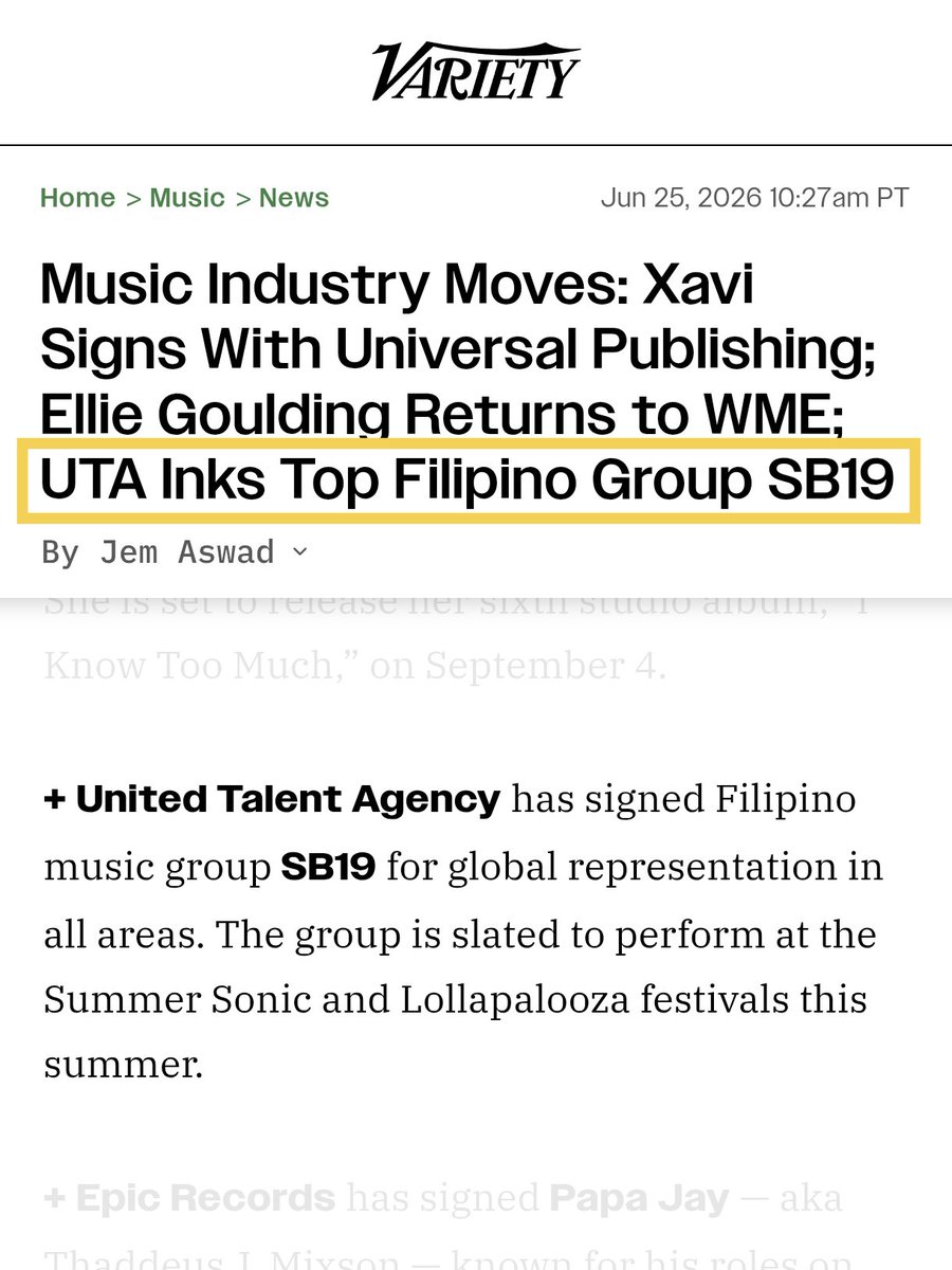 rrobotot's tweet photo. [Variety 🇺🇸 - SB19 mention]

🍎 https://t.co/tuviSPy8xc

- “UTA INKS TOP FILIPINO GROUP SB19. The group is slated to perform at the Summer Sonic and Lollapalooza festivals this summer.”

@SB19Official #SB19 https://t.co/uFff3W1X6A