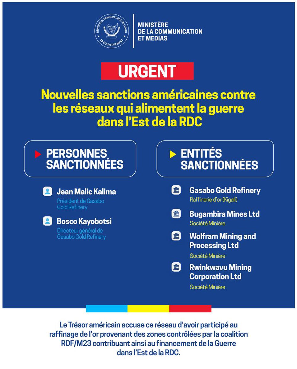 celeste_fficiel's tweet photo. 🇨🇩 Nouvelles sanctions américaines : le Département du Trésor des États-Unis renforce la pression sur les réseaux financiers alimentant le conflit dans l’Est de la RDC. Parmi les entités visées figurent la raffinerie Gasabo Gold Refinery, basée à Kigali, ainsi que ses dirigeants, accusés de contribuer au financement de la coalition RDF/M23.

Les détails complets ci-dessous ⏬