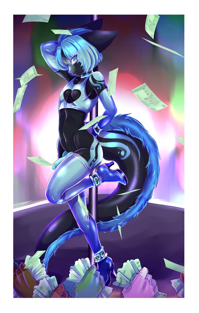 DobieSkir's tweet photo. Surprise for those who didn't know, yep. I'm a bit of a furry!
D-5373 (this character) lost a little bet, and now he's got to attract multiple new customers to the Toys-4-U store!

Art by the amazing @VainiARTandCATS <3

#femboy #latex #furry #poledancing https://t.co/ftOscUSXy1
